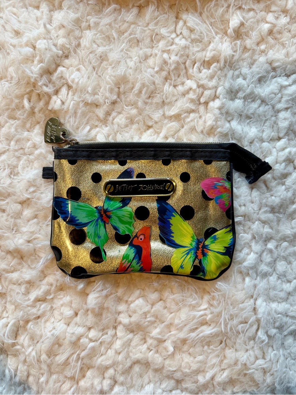 Betsey Johnson Y2K Butterfly & Polka Dot Coin Purse Gold Polished Heart Charm